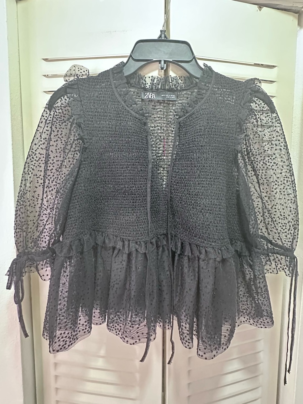 Zara Black Sheer Dot Peplum Tie-Front Blouse